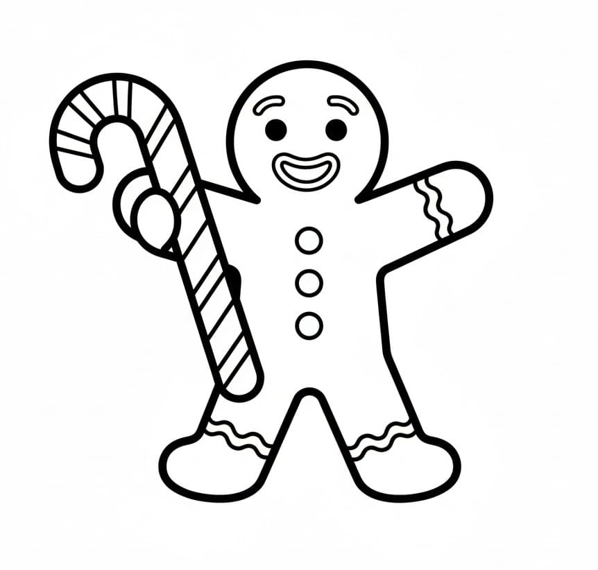 Şeker Kamışı Tutan Zencefilli Kurabiye Adam Boyama Sayfası