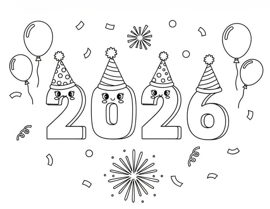 Sevimli Mutlu Yıllar 2026 Boyama Sayfası