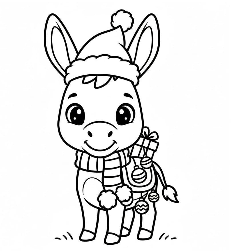 Sevimli Noel Eşeği Boyama Sayfası