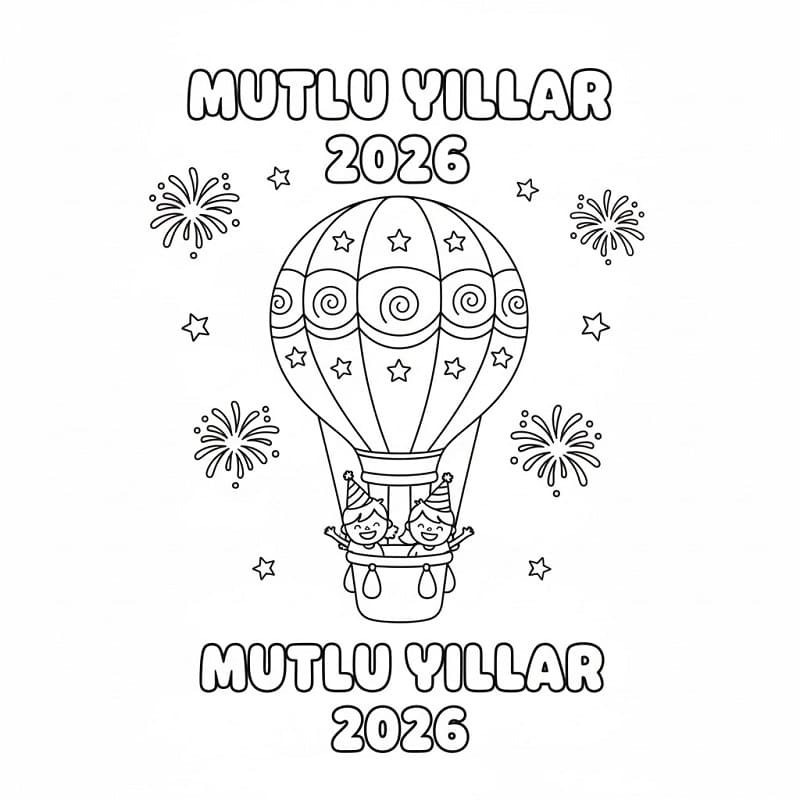 Sıcak Hava Balonu Mutlu Yıllar 2026 Boyama Sayfası