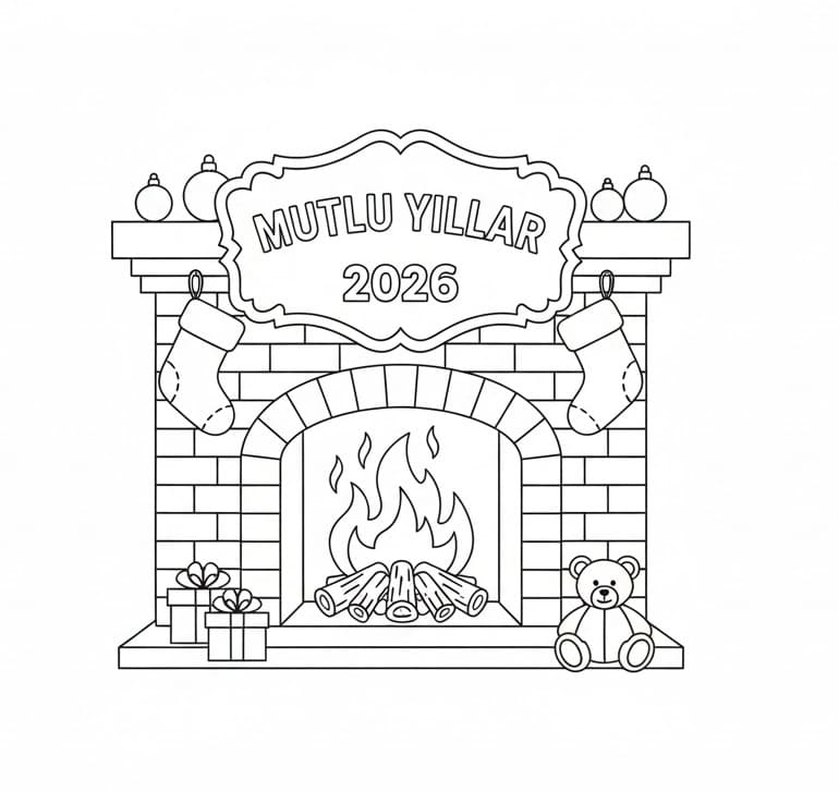 Şömineli Mutlu Yıllar 2026 Boyama Sayfası