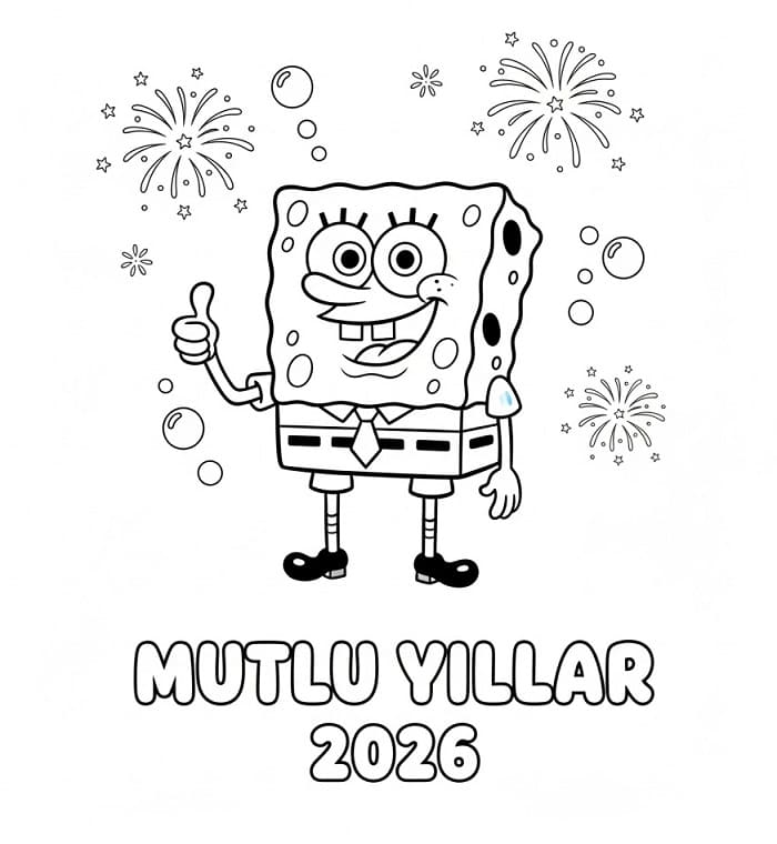 Sünger Bob Mutlu Yıllar 2026 Boyama Sayfası