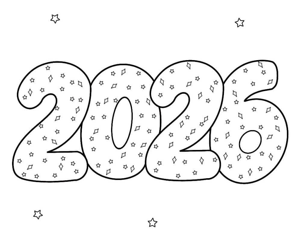 Ücretsiz Yazdırılabilir Mutlu Yıllar 2026 Boyama Sayfası