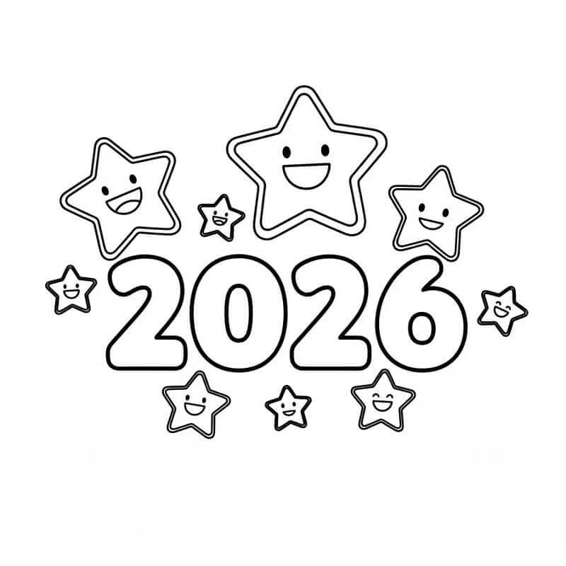 Yıldızlı Mutlu Yıllar 2026 Boyama Sayfası