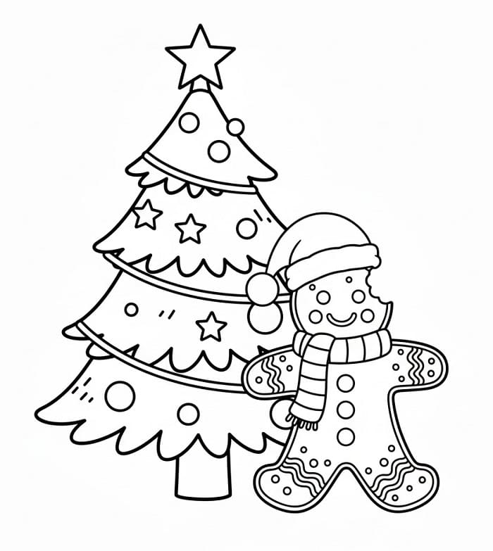 Zencefilli Kurabiye Adam ve Noel Ağacı Boyama Sayfası