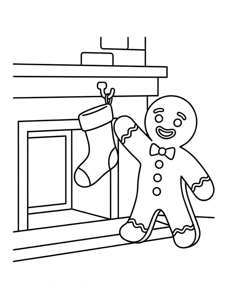 Zencefilli Kurabiye Adam ve Noel Çorabı Boyama Sayfası