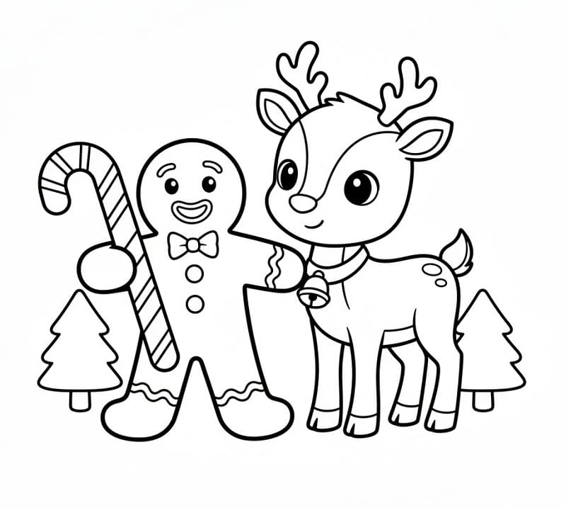 Zencefilli Kurabiye Adam ve Sevimli Ren Geyiği Boyama Sayfası