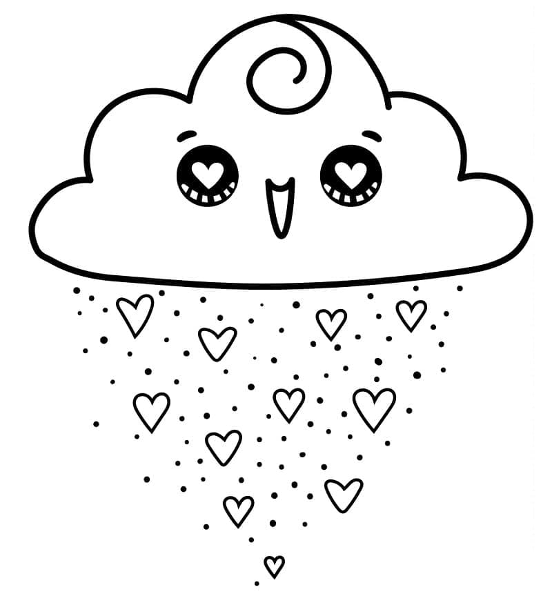 Kalpli Kawaii Bulut Boyama Sayfası