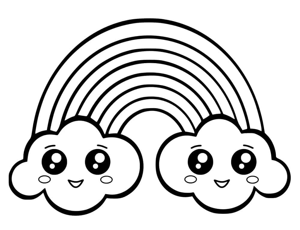 Kawaii Gökkuşağı Bulutları Boyama Sayfası