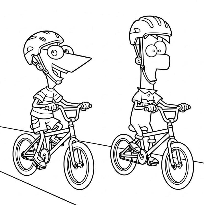 Phineas ve Ferb bisiklet sürüyorlar Boyama Sayfası
