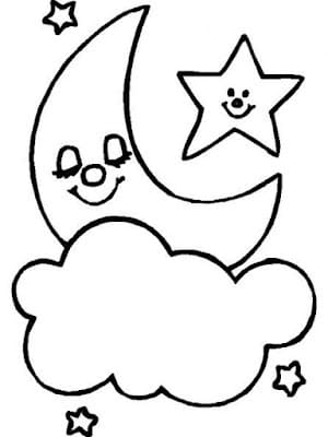 Ay ve Yıldızlı Bulut Boyama Sayfası