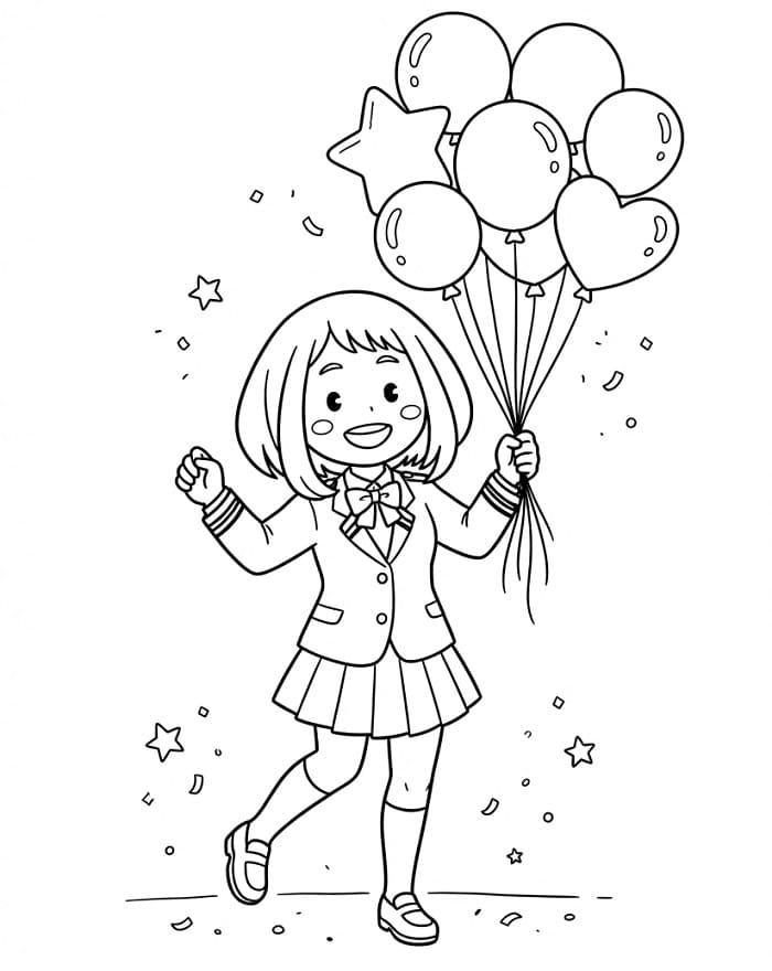 Ochaco Uraraka balonlarla Boyama Sayfası