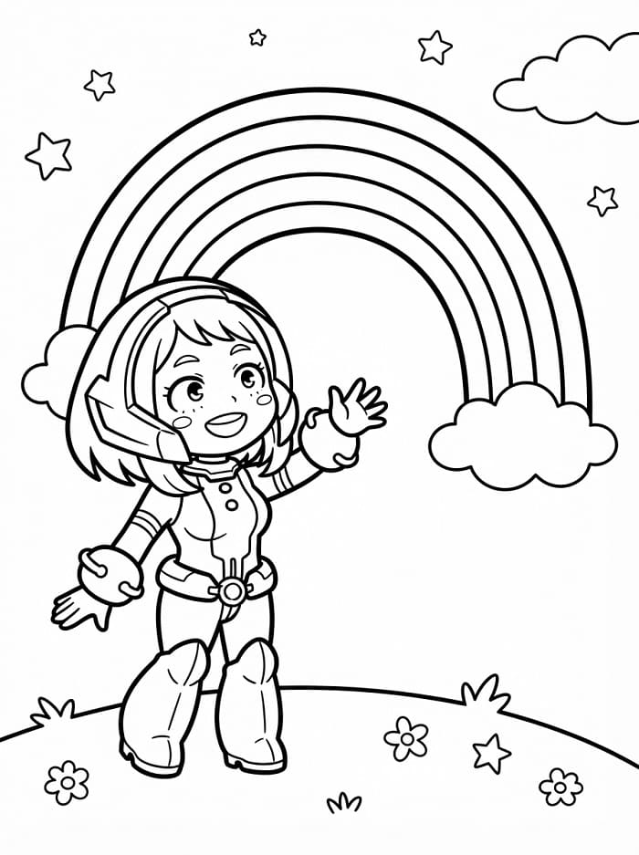 Ochaco Uraraka ve Gökkuşağı Boyama Sayfası