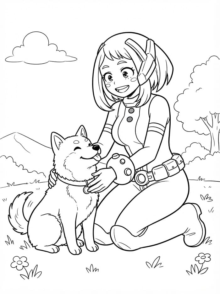 Ochaco Uraraka ve yavru köpek Boyama Sayfası