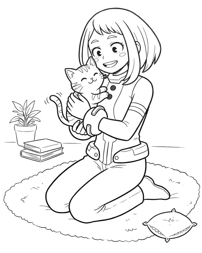 Ochaco Uraraka yavru kediyi kucaklıyor Boyama Sayfası