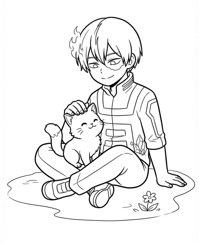 Shoto Todoroki ve sevimli kedi Boyama Sayfası