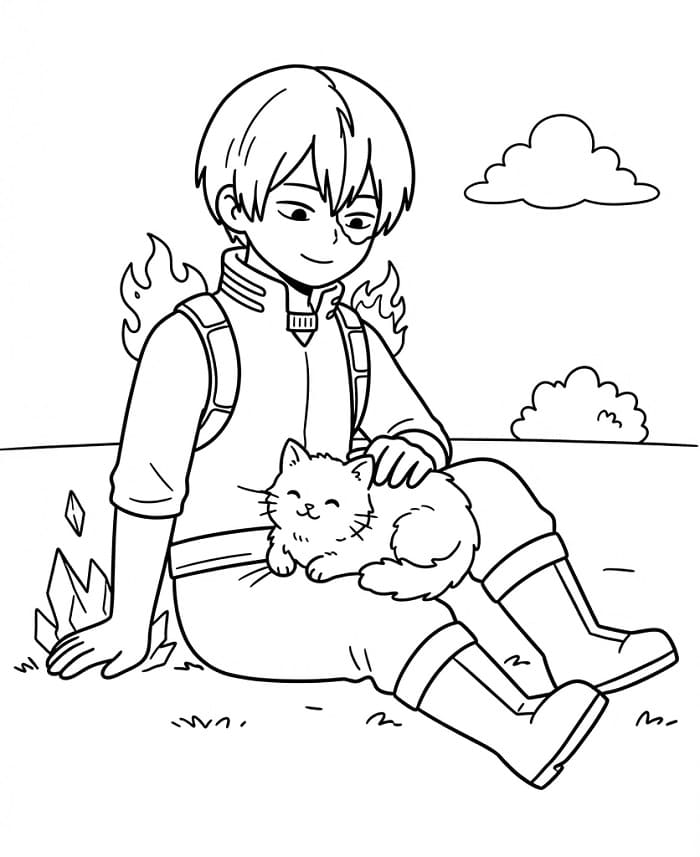 Shoto Todoroki yavru kediyle Boyama Sayfası
