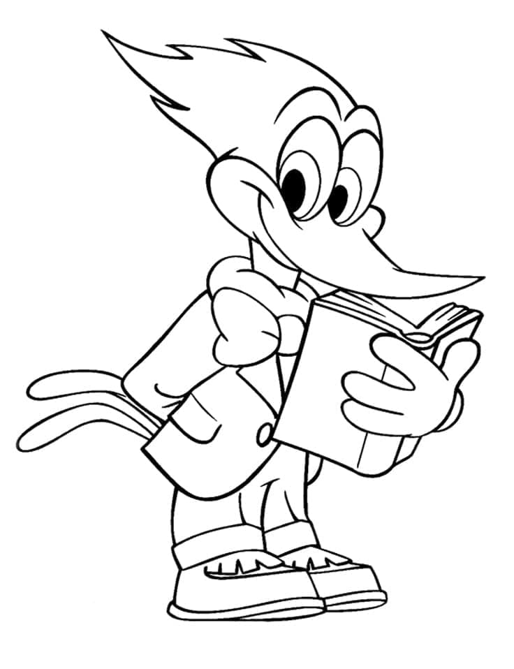 Ağaçkakan Woody Kitap Okuyor Boyama Sayfası
