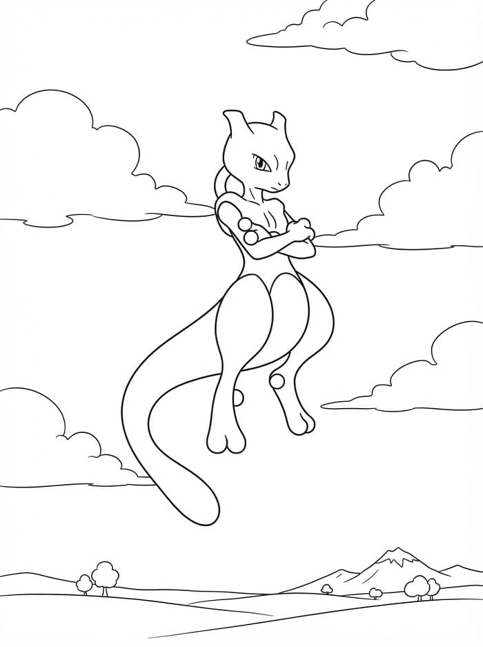 Mewtwo gökyüzünde Boyama Sayfası