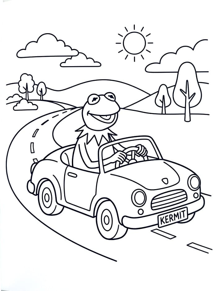 Kurbağa Kermit araba sürüyor Boyama Sayfası