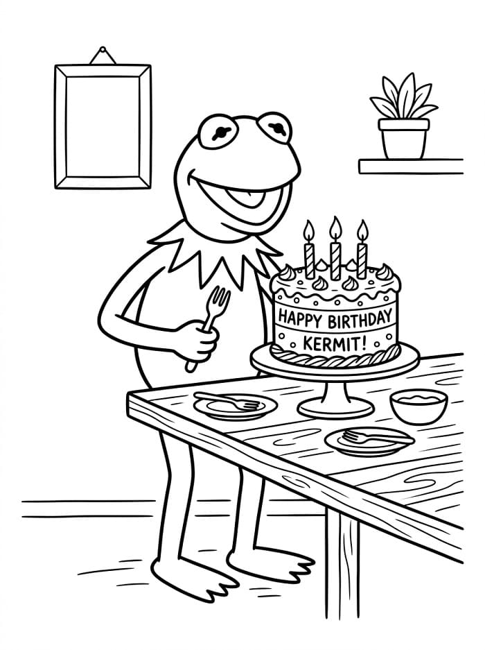 Kurbağa Kermit ve doğum günü pastası Boyama Sayfası